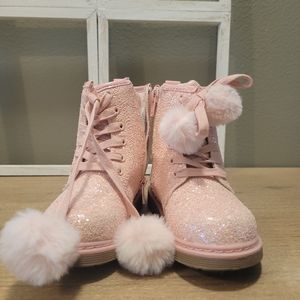 Nicole Miller Toddler Girl's Glittered Pink Lace-up Moto Boots